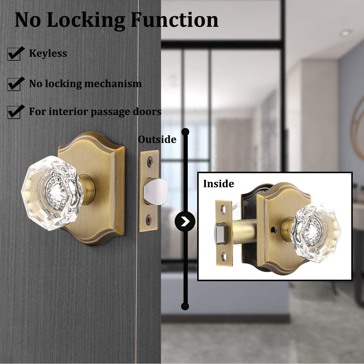 Antique Brass Crystal Passage Non-Locking Hallway/Closet Door Knob