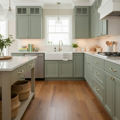 Brushed antique brass cabinet handles in a modern kitchen with green cabinets, white countertops, and wooden flooring.