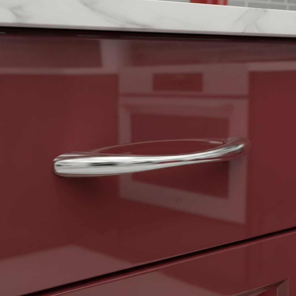 chrome handle on a cranberry drawer 