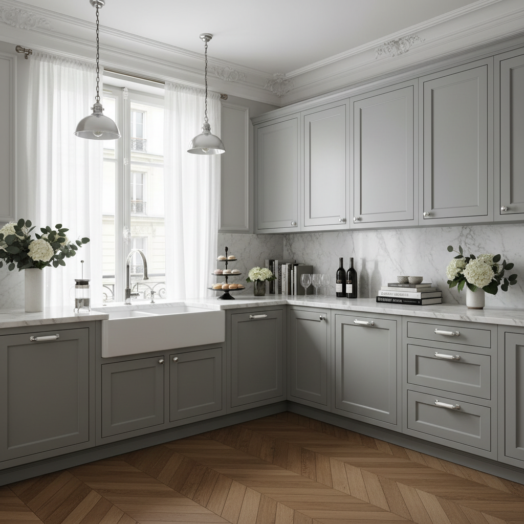 gray cabinets with chrome pulls 