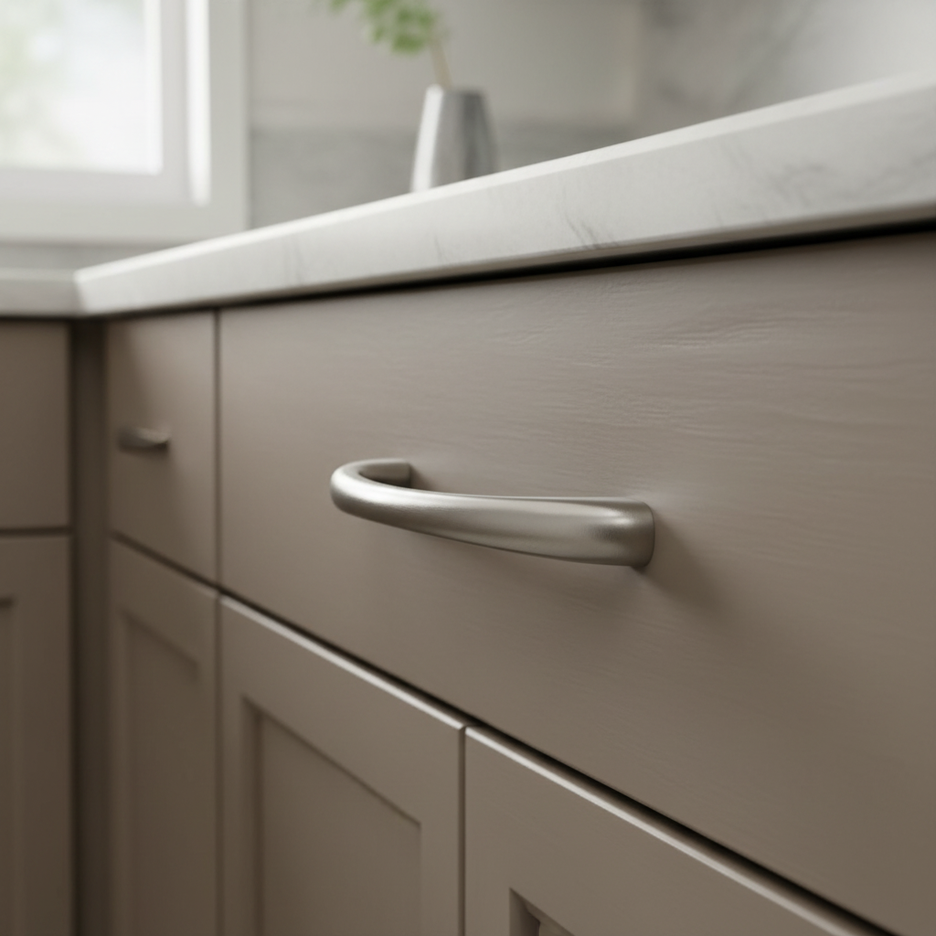 modern satin nickel cabinet pull on a beige cabinet drawer 
