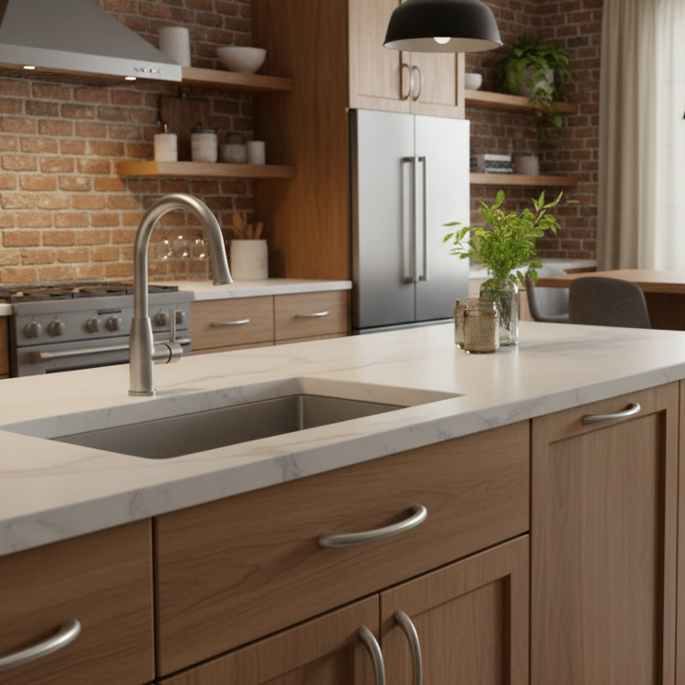 Modern kitchen with wooden cabinets, marble countertop, and stainless steel appliances.