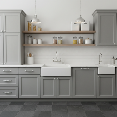 Polished chrome handle on a modern gray cabinets in kitchen