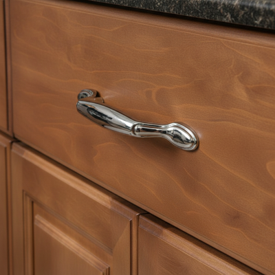 Close-up of a wooden cabinet with a shiny solid metal handle