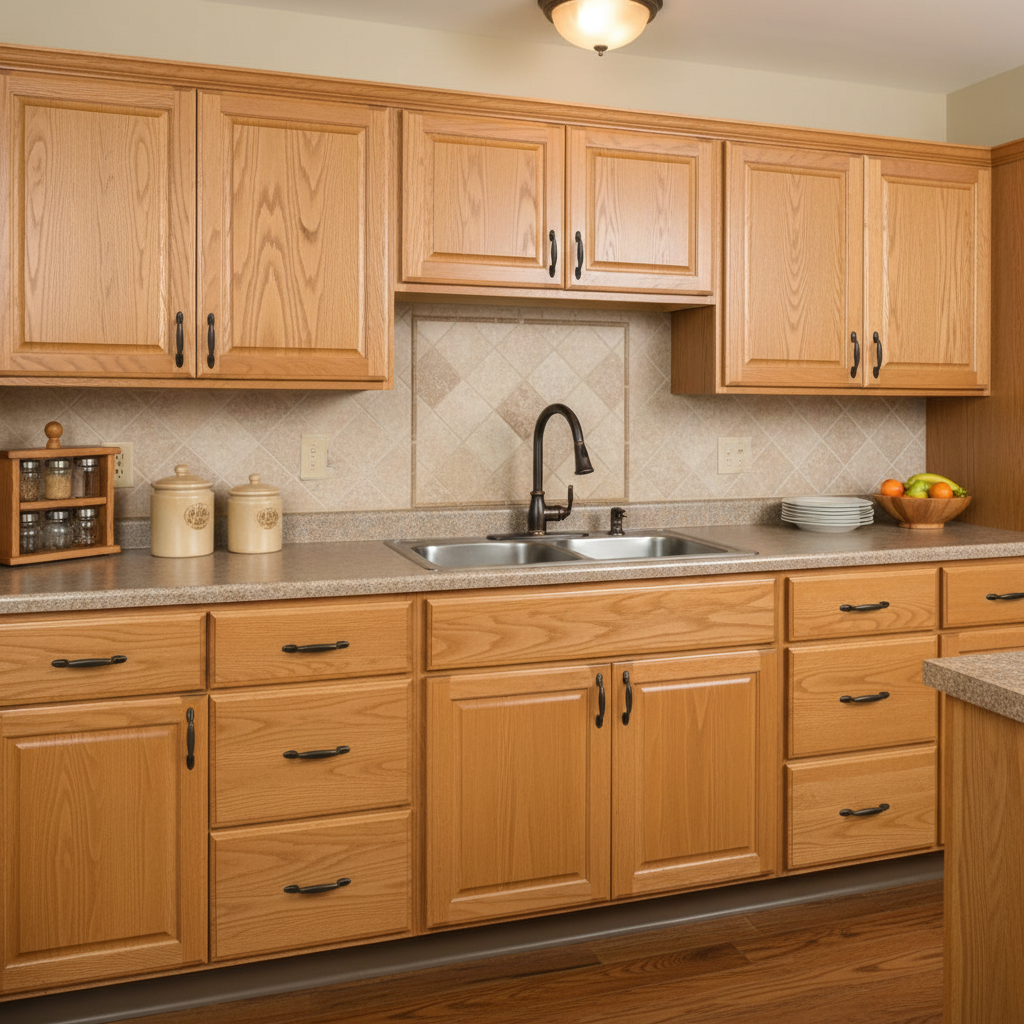 oil rubbed cabinet handles on oak cabinets in a pretty kitchen with warm accents