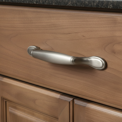 Wooden cabinet with a satin nickel handle