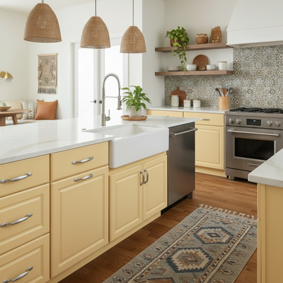 Modern kitchen with beige cabinets, stainless steel appliances, and a patterned rug.