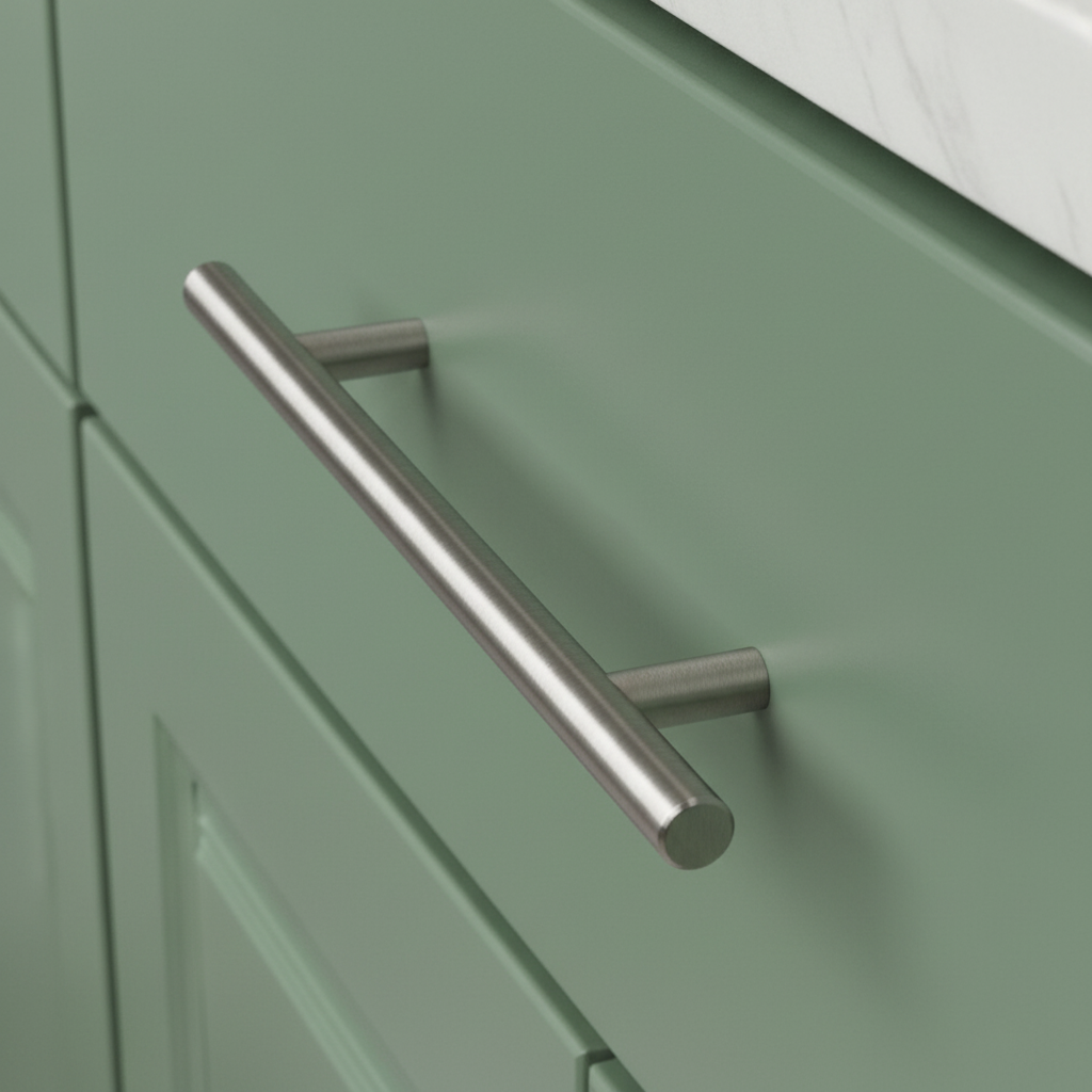 Close-up of a green cabinet with a silver handle