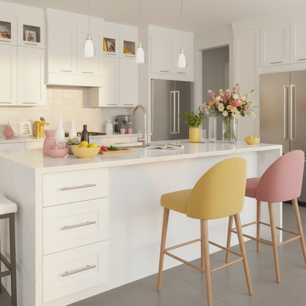 Modern kitchen with white cabinets, a island, and two bar stools.