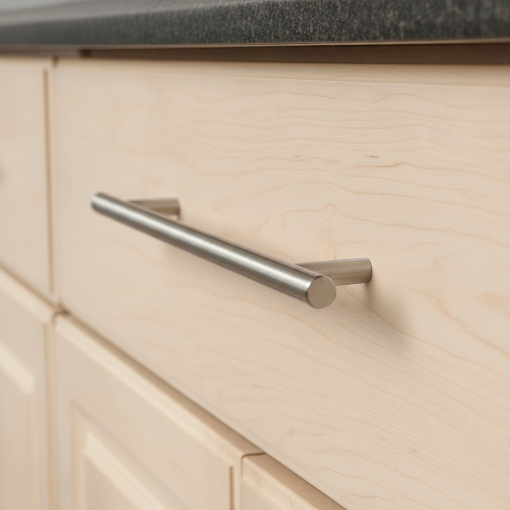 Close-up of a kitchen cabinet with a metallic handle on a wooden cabinet.