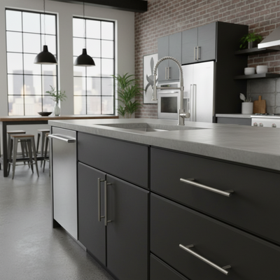 Industrial kitchen with silver cabinet handles
