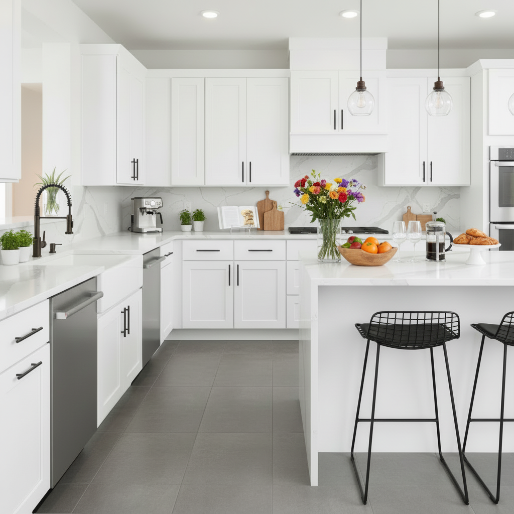 Modern kitchen with white cabinets, gray floor, and black stools.