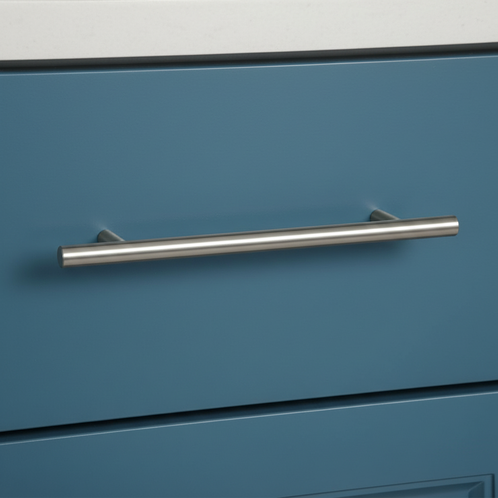 Blue drawer with a silver handle on a white background
