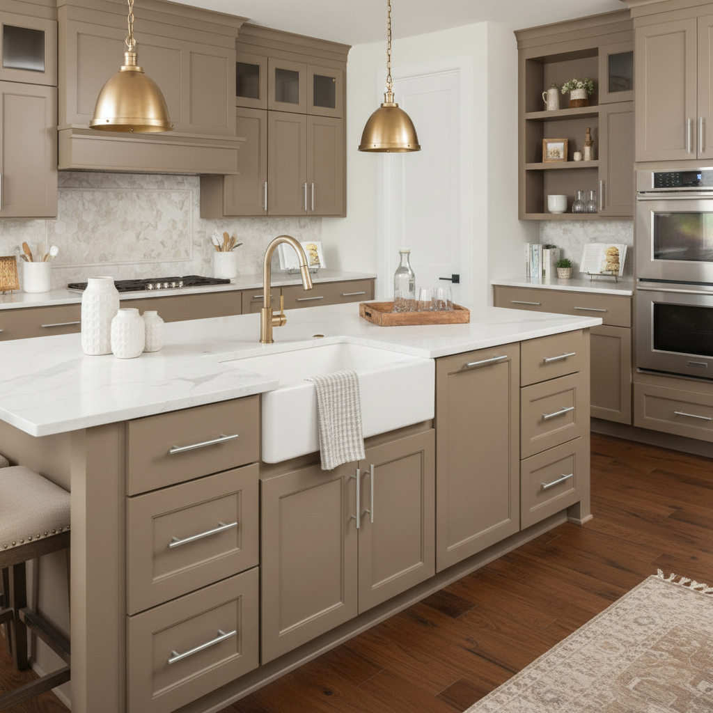 warm taupe kitchen cabinets featuring brushed nickel or satin nickel cabinet bar pulls. 