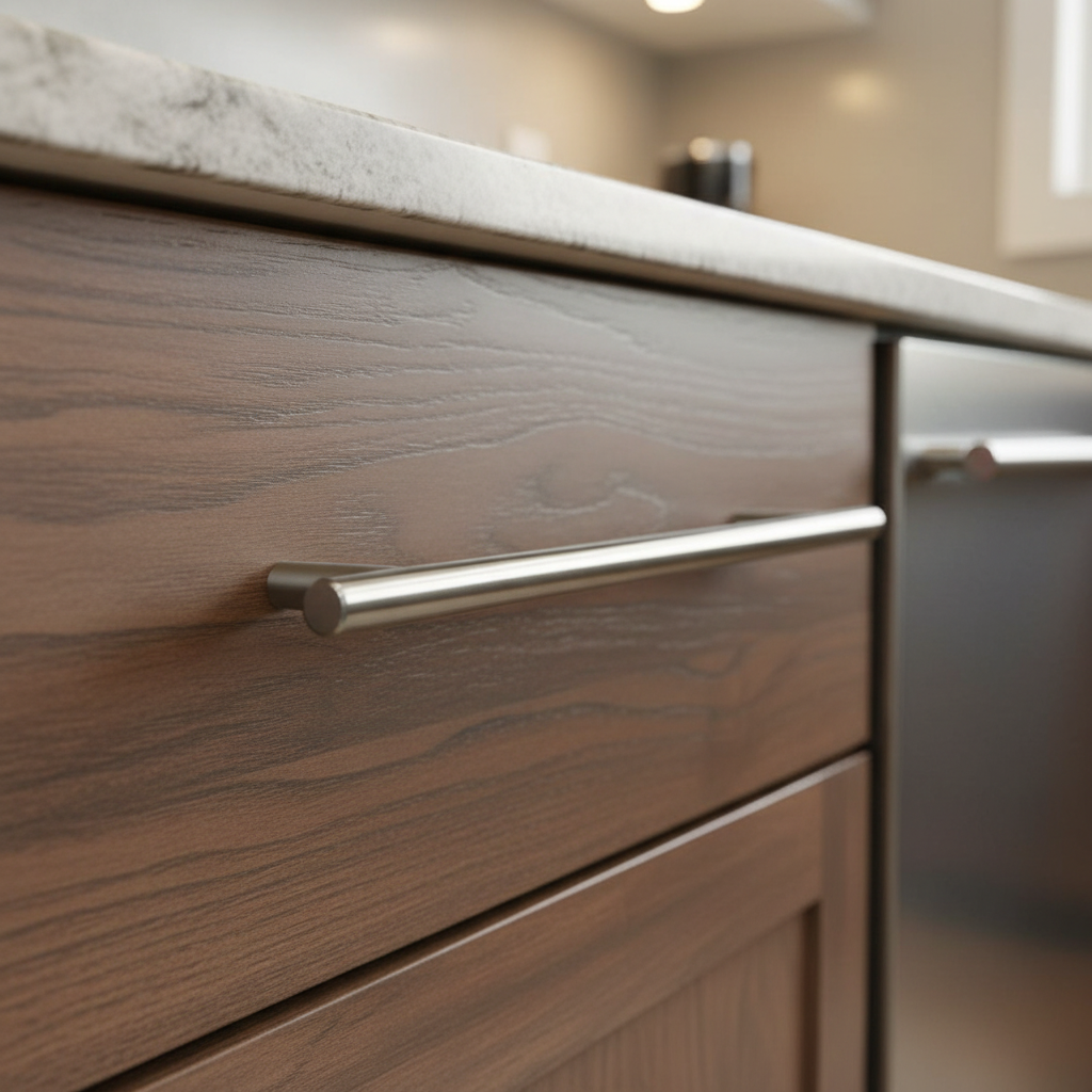 euro bar pull on a warm cabinet drawer 