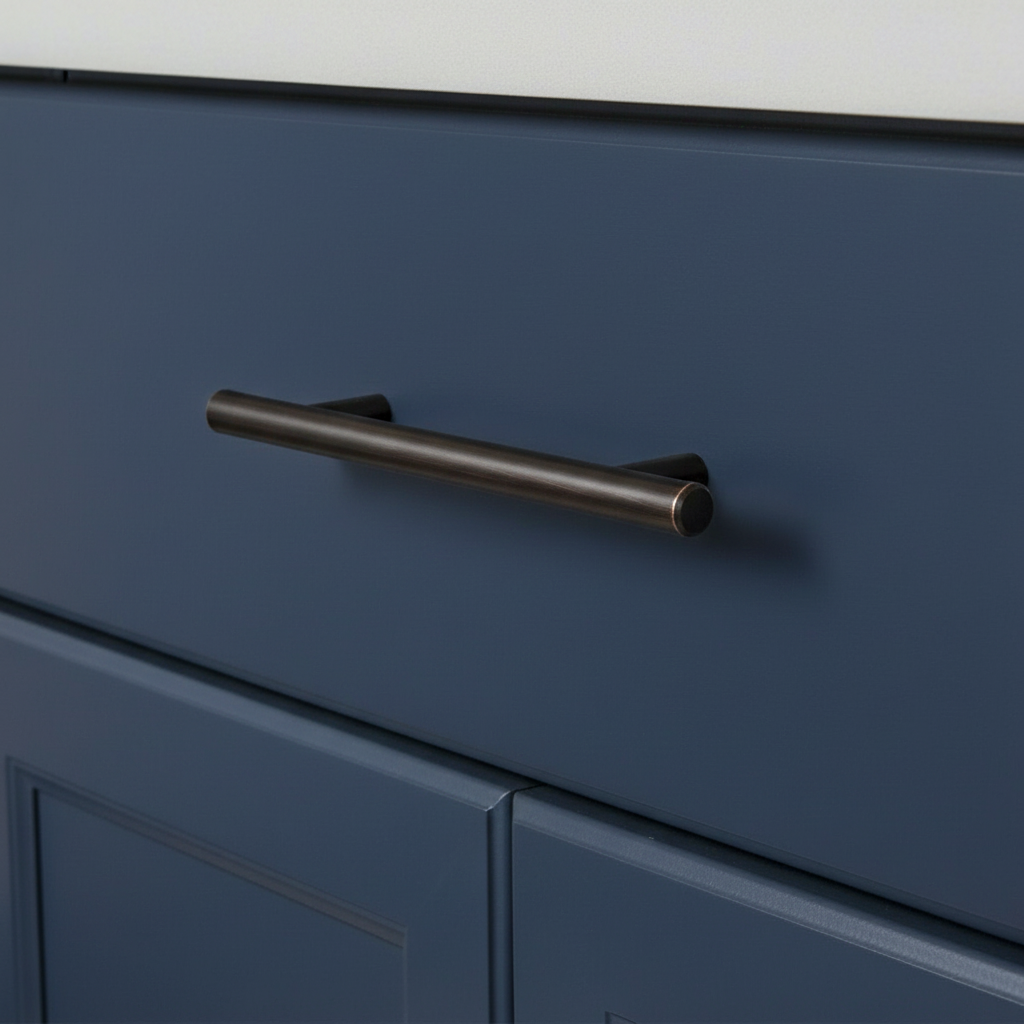Blue cabinet with a Cosmas oil rubbed bronze cabinet handle
