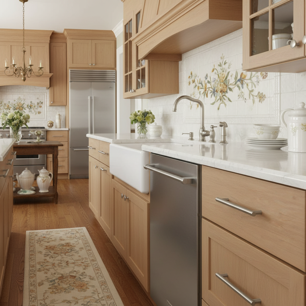 Modern kitchen with wooden cabinets, stainless steel appliances, and decorative elements.