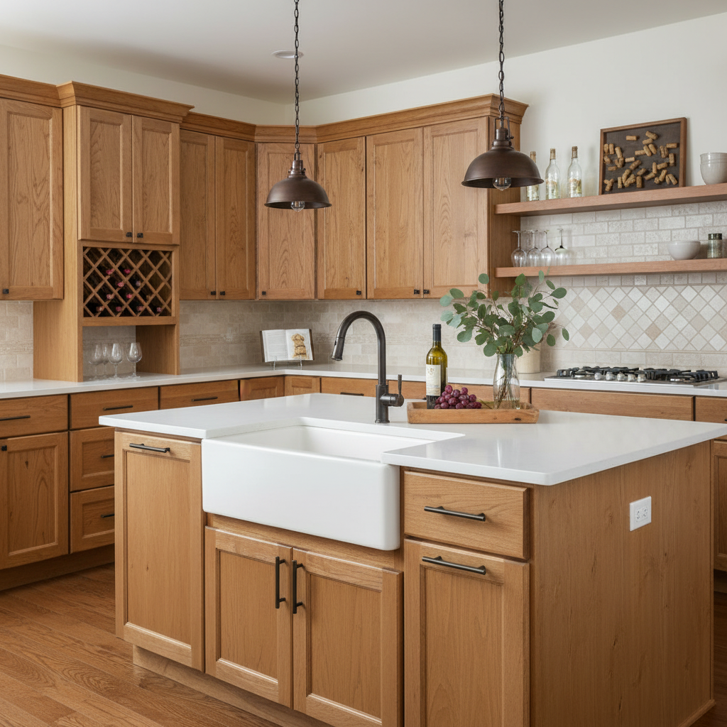 Modern kitchen with wooden cabinets, white countertops, and a central island.