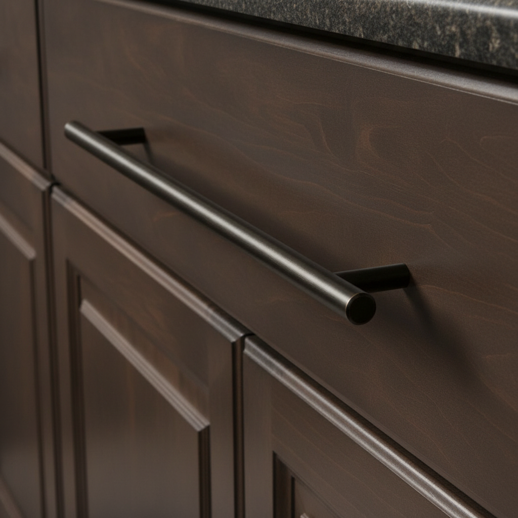 Oil rubbed bronze slim line euro style bar pull on a mahogany drawer