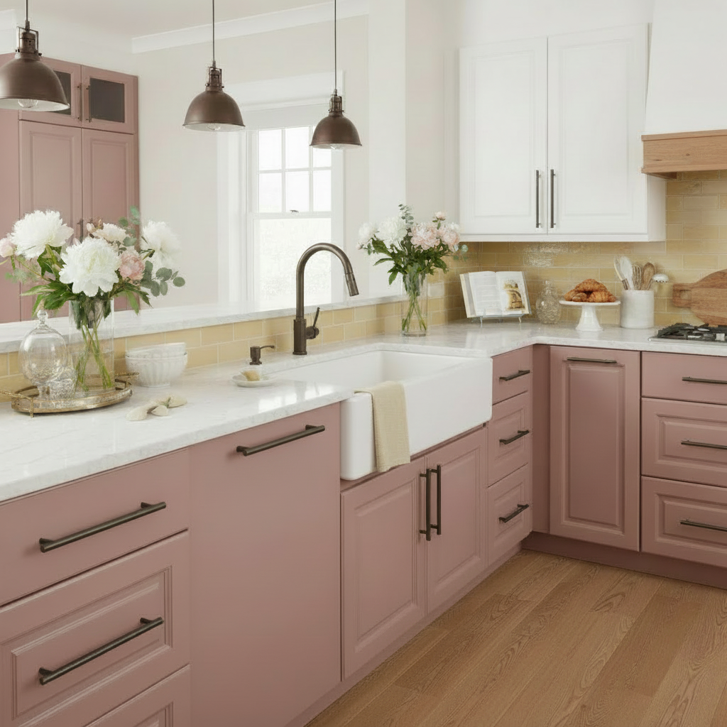 pink cabinets with long oil rubbed bronze bar cabinet pulls 