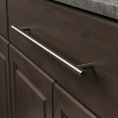Dark wooden cabinet with a solid metal euro pull handle