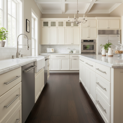 Modern kitchen with white cabinets, solid metal bar pulls, marble countertops, and stainless steel appliances.
