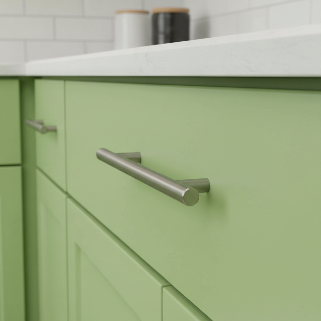 Close-up of a green kitchen cabinet with a silver handle.