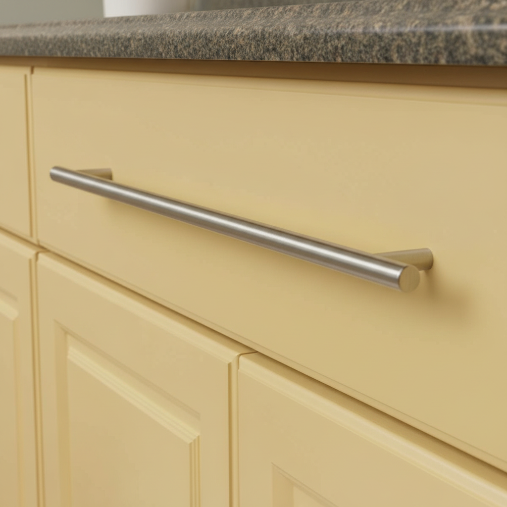 Close-up of a beige cabinet with a metallic handle