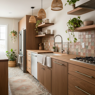 Satin nickel cabinet pulls on wooden drawers in a warm kitchen with wooden cabinets, stainless steel appliances, and decorative plants.