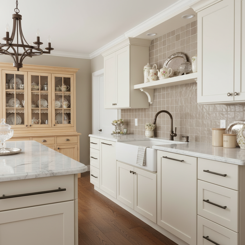 Modern kitchen with white cabinets, marble countertops, and a chandelier.