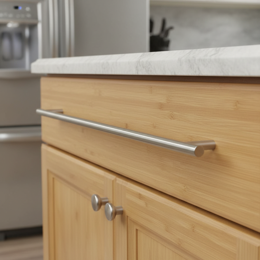 Satin nickel cabinet pulls on a mooden kitchen cabinet. 