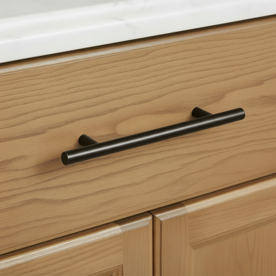Wooden drawer with oil rubbed bronze euro style cabinet handle