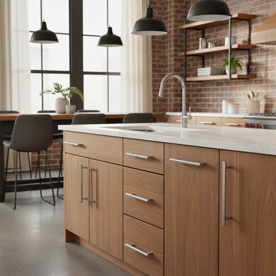 Modern kitchen with wooden cabinets, white countertops, and brick wall.