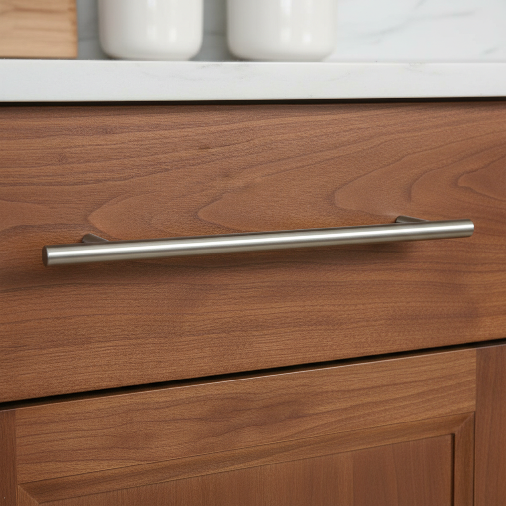 Wooden drawer with a satin nickel solid metal cabinet handle in a kitchen setting
