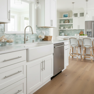 Long satin nickel cabinet pulls installed on a  modern kitchen with white cabinets, stainless steel appliances, and wooden floor.