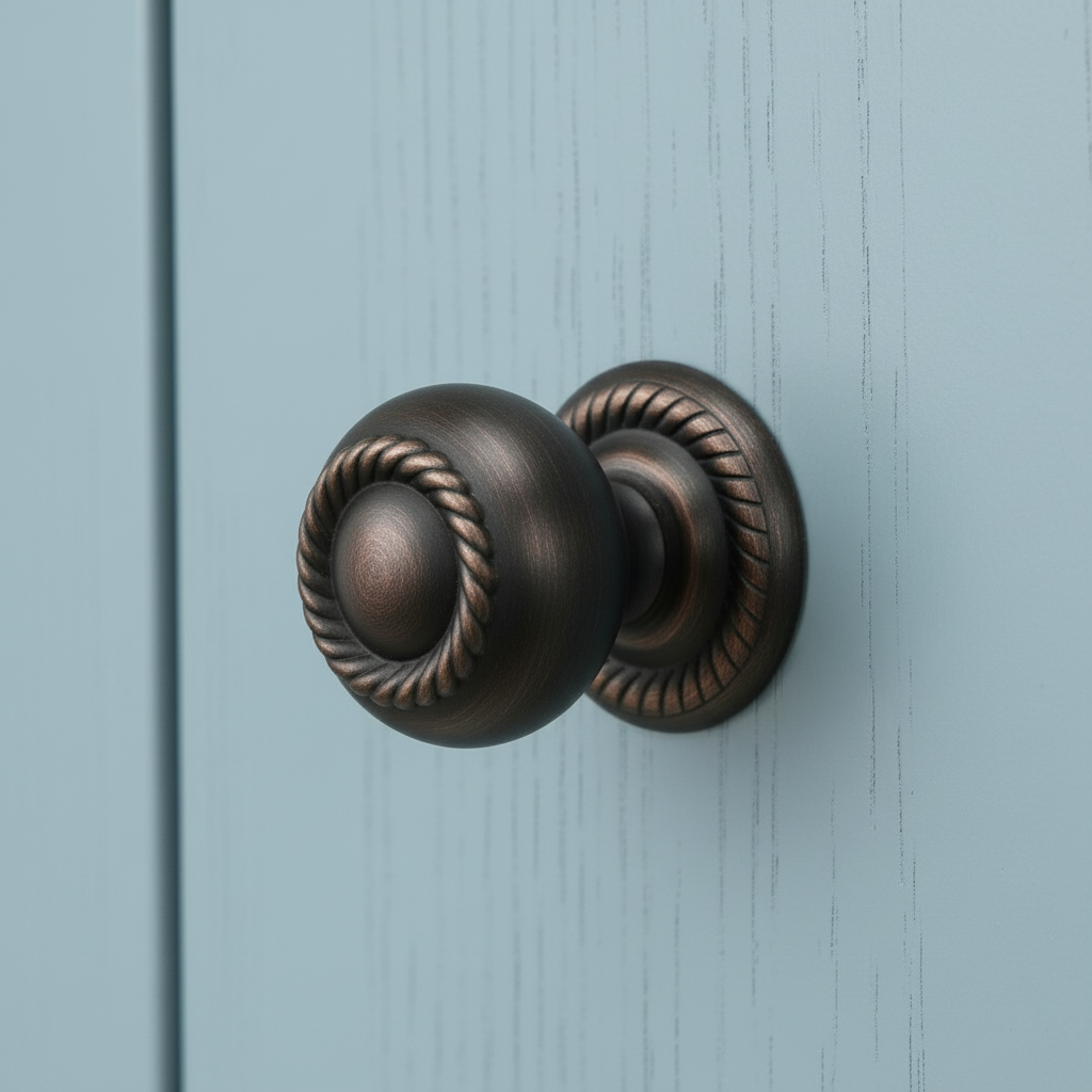 Decorative door handle on a light blue wooden door