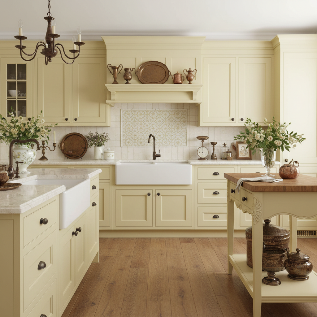 Kitchen with light-colored cabinets, a sink, and decorative items.