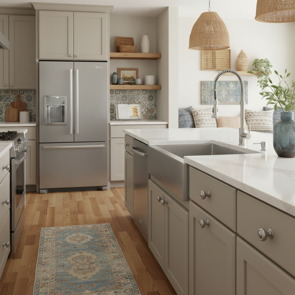 round cabinet knobs on a greige cabinet set