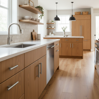 Modern kitchen with wooden cabinets, white countertops, and stainless steel appliances.