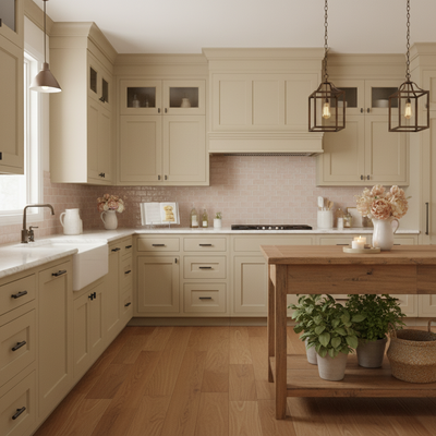 Oil rubbed bronze cabinet pulls in a Romantic kitchen with wooden island, white cabinets, and decorative elements.