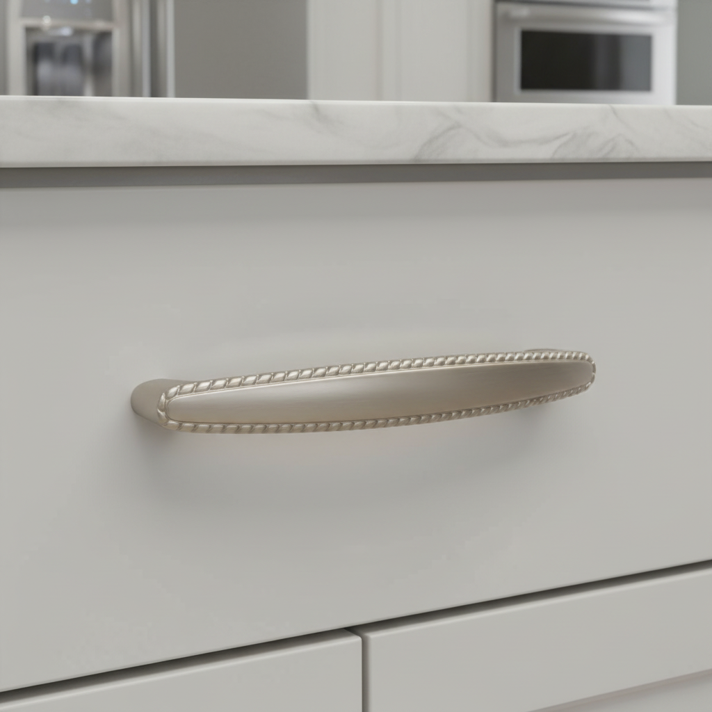 Close-up of a kitchen cabinet handle on a white cabinet