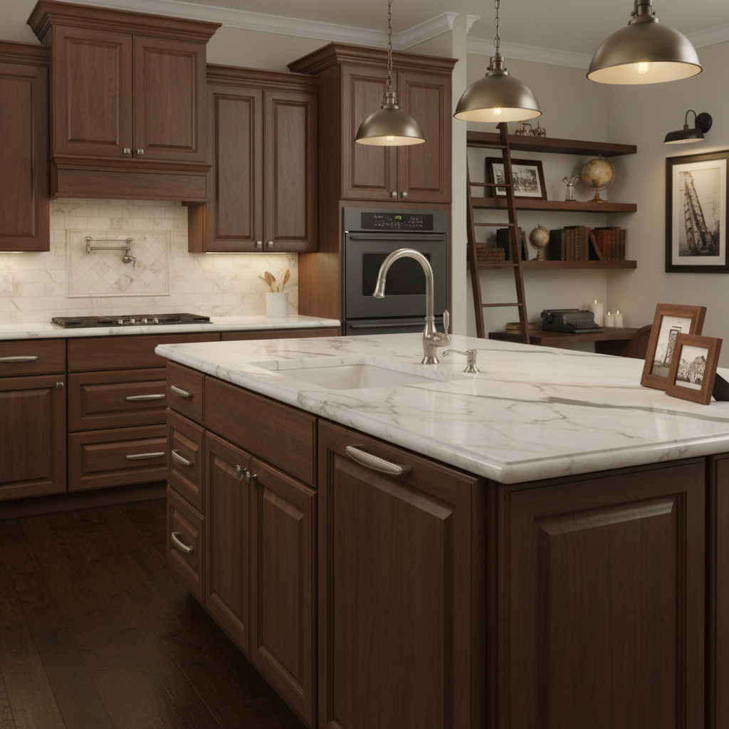 Modern kitchen with wooden cabinets, marble countertop, and stainless steel appliances.