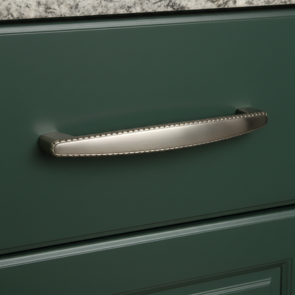beaded cabinet handle satin nickel finish on a dark green cabinet drawer
