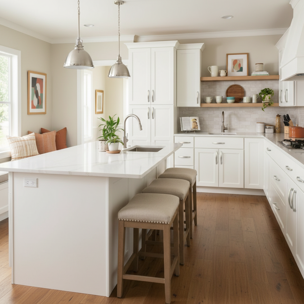 modern cozy kitchen with decorative cabinet hardware 