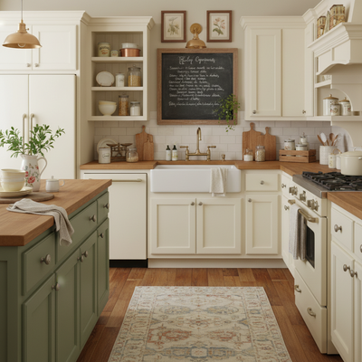 Decorative kitchen knobs in a cozy antique inspired kitchen with cream cabinets and green island. 