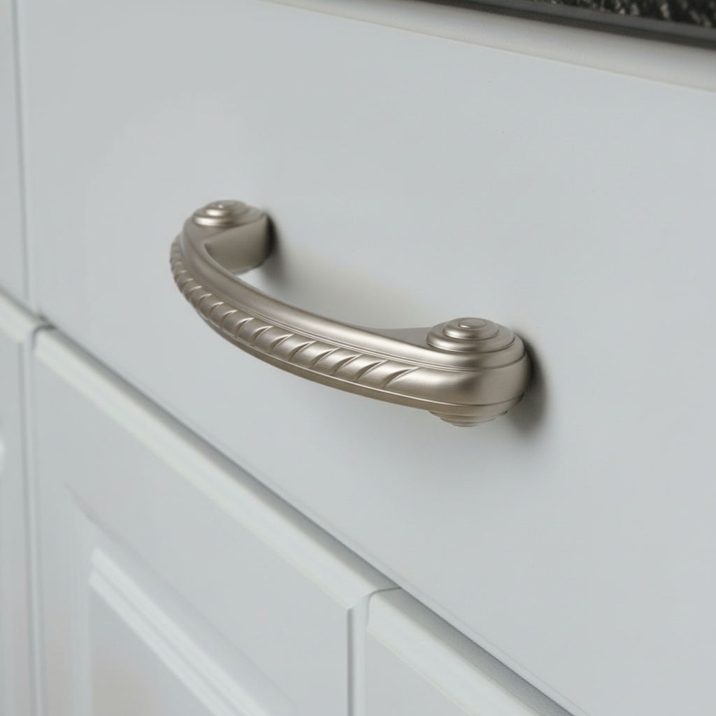 Decorative cabinet handle on a white cabinet door