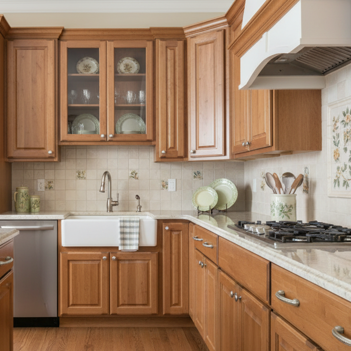Decorative cabinet handle on wood cabinets in a kitchen