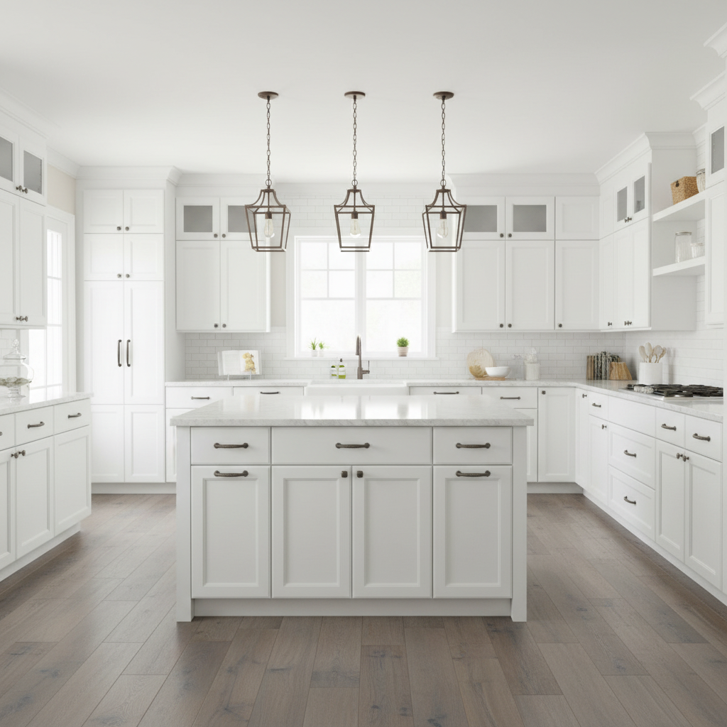 oil rubbed bronze rope cabinet pull in kitchen with white cabinets, marble countertops, and pendant lights.