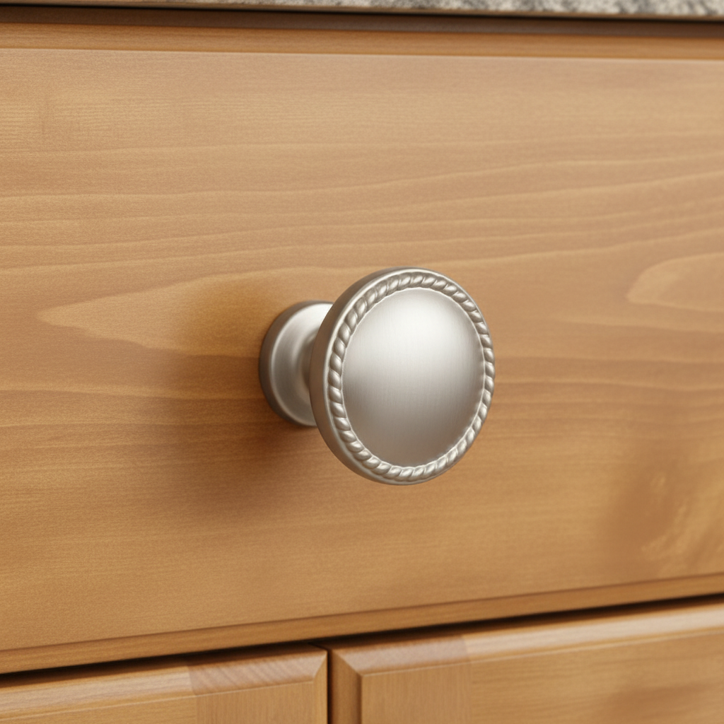 Silver cabinet knob on a white background