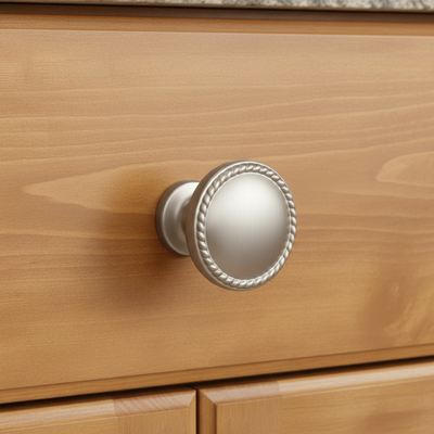 Silver cabinet knob on a white background
